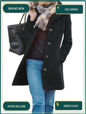 Wool Blend Pea Coat Stand Collar Single Breasted Midi Winter